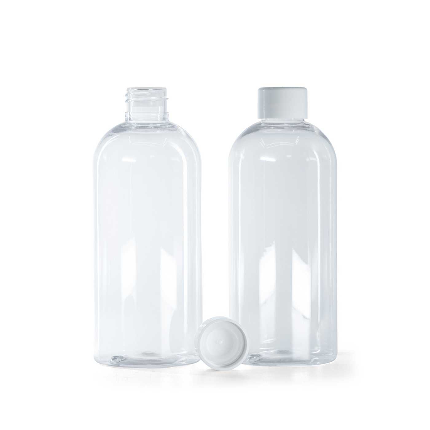 Butelka plastikowa przezroczysta okrągła, nakrętka gładka biała z redukcją, 300 ml