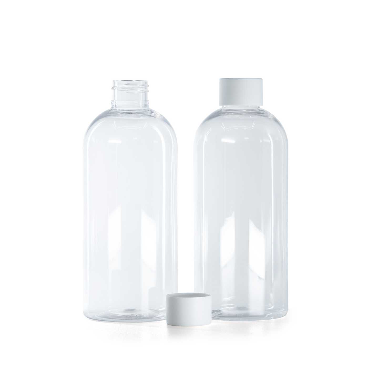 Butelka plastikowa przezroczysta okrągła, nakrętka biała matowa, 300 ml