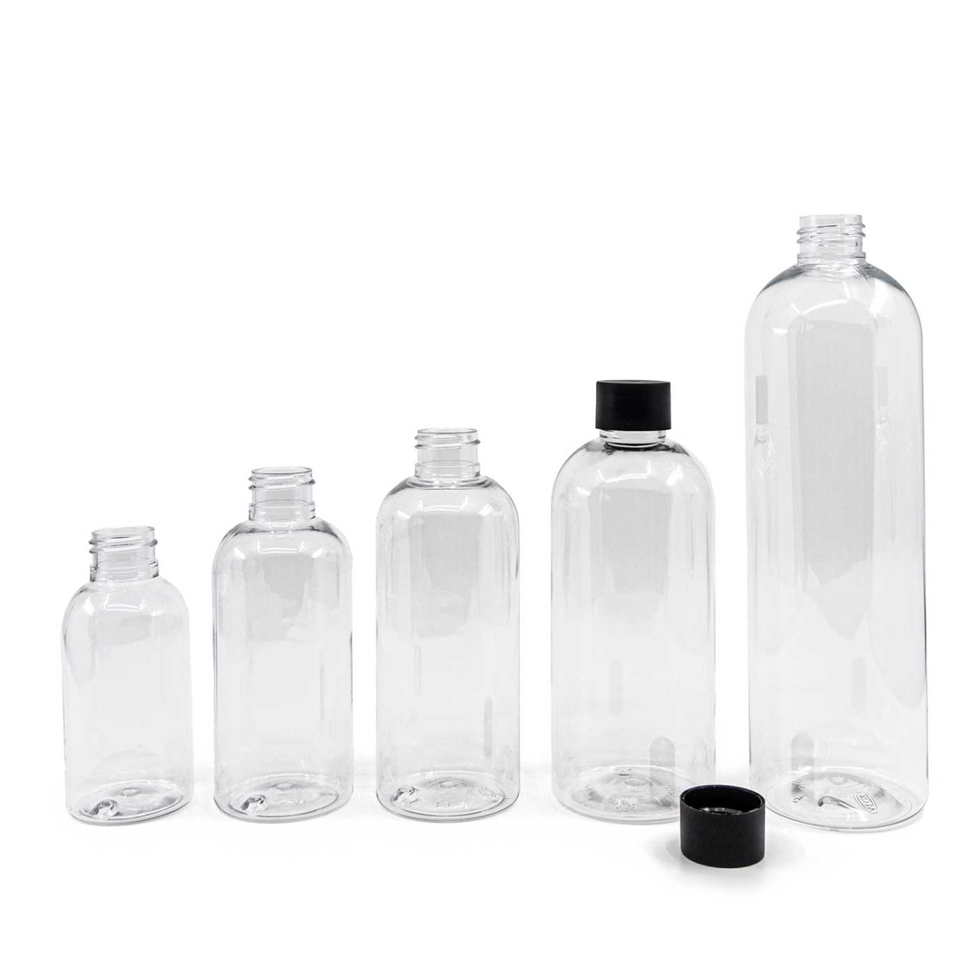 Butelka plastikowa przezroczysta okrągła, 24/410, czarna matowa nakrętka, 300 ml