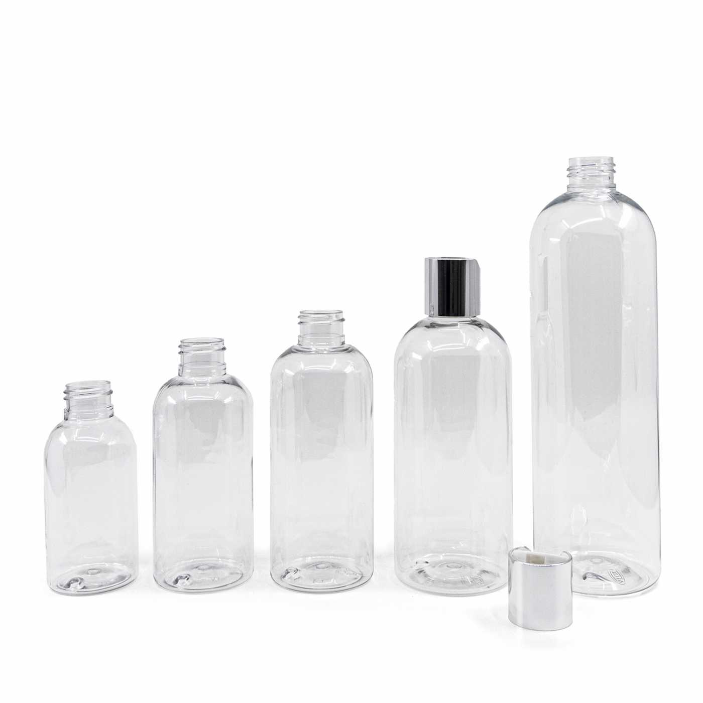 Butelka plastikowa przezroczysta okrągła, disc top srebrny, 300 ml