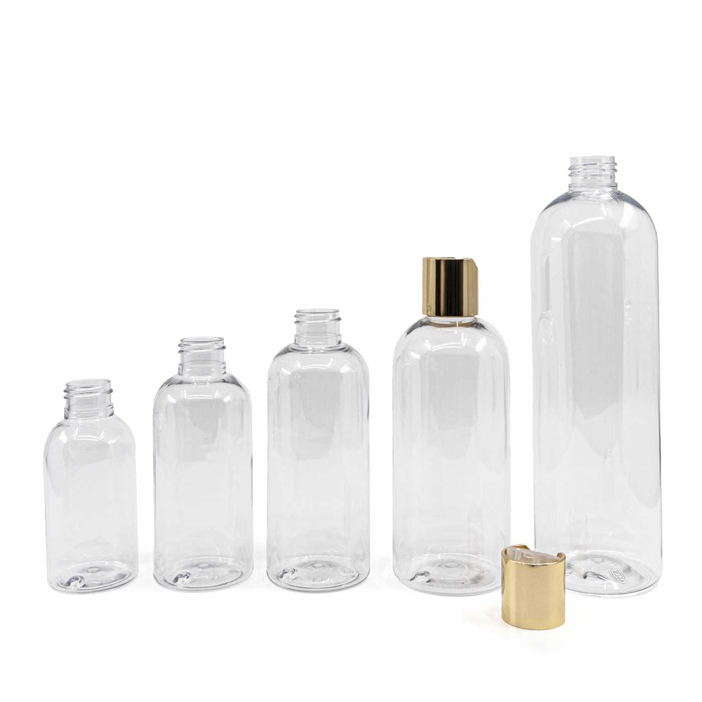 Butelka plastikowa przezroczysta okrągła, złoty disc top, 300 ml