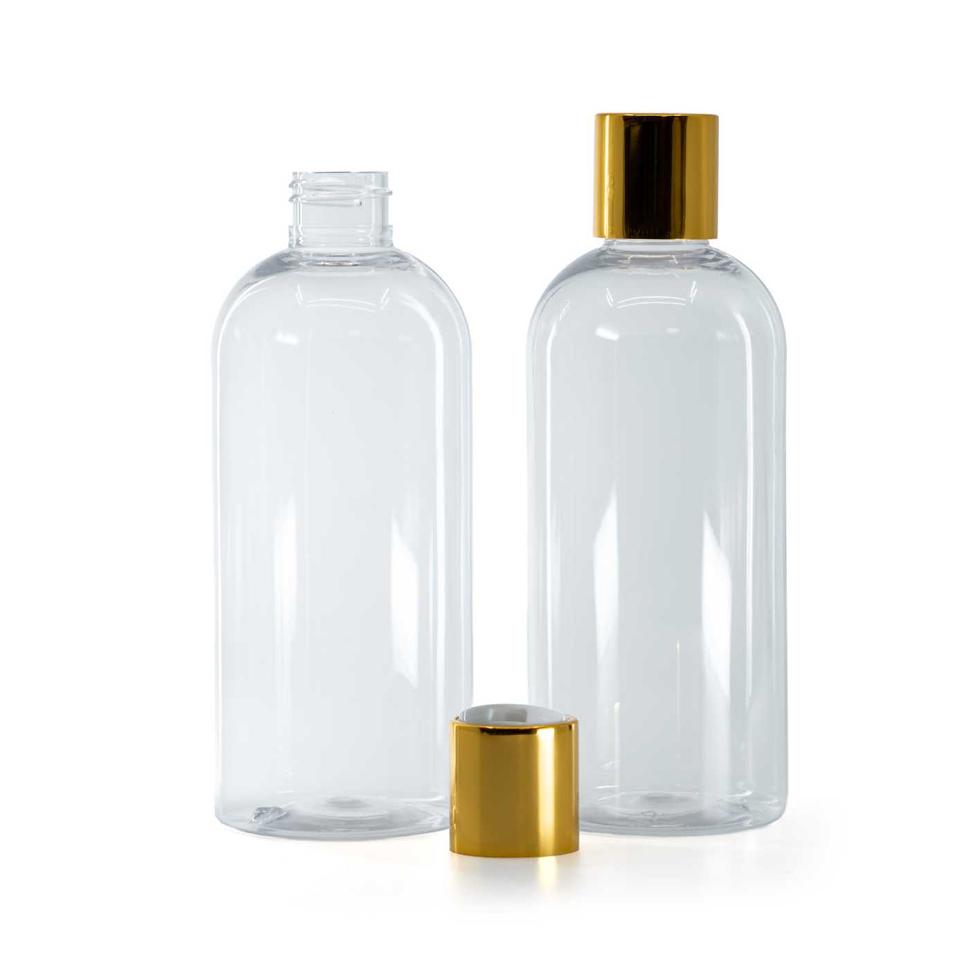 Butelka plastikowa przezroczysta okrągła, nakrętka disc top, złota, biały środek, 300 ml
