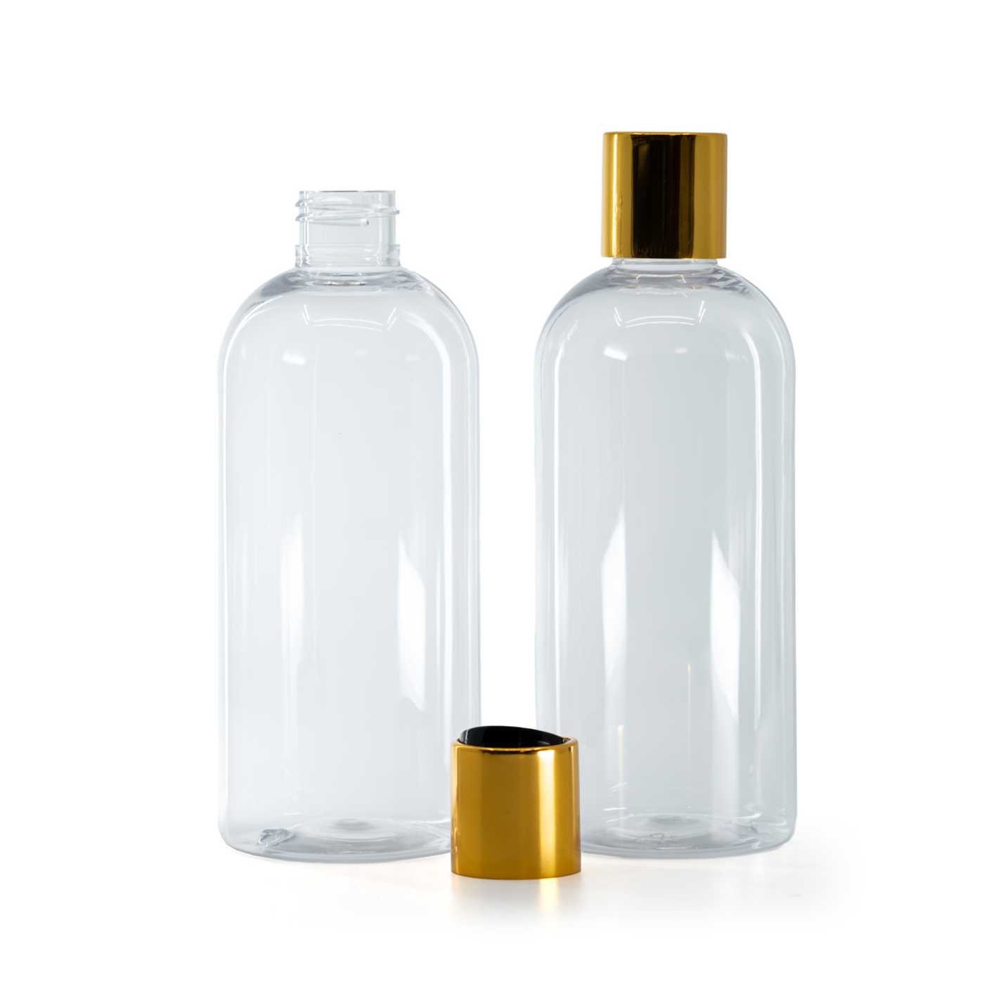 Butelka plastikowa przezroczysta okrągła, nakrętka disc top, złota, czarny środek, 300 ml