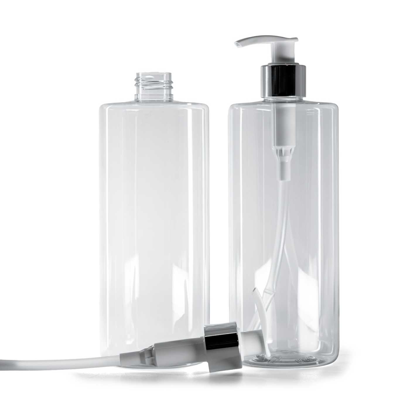 Bouteille en plastique transparente, distributeur blanc avec bague argentée brillante, 500 ml