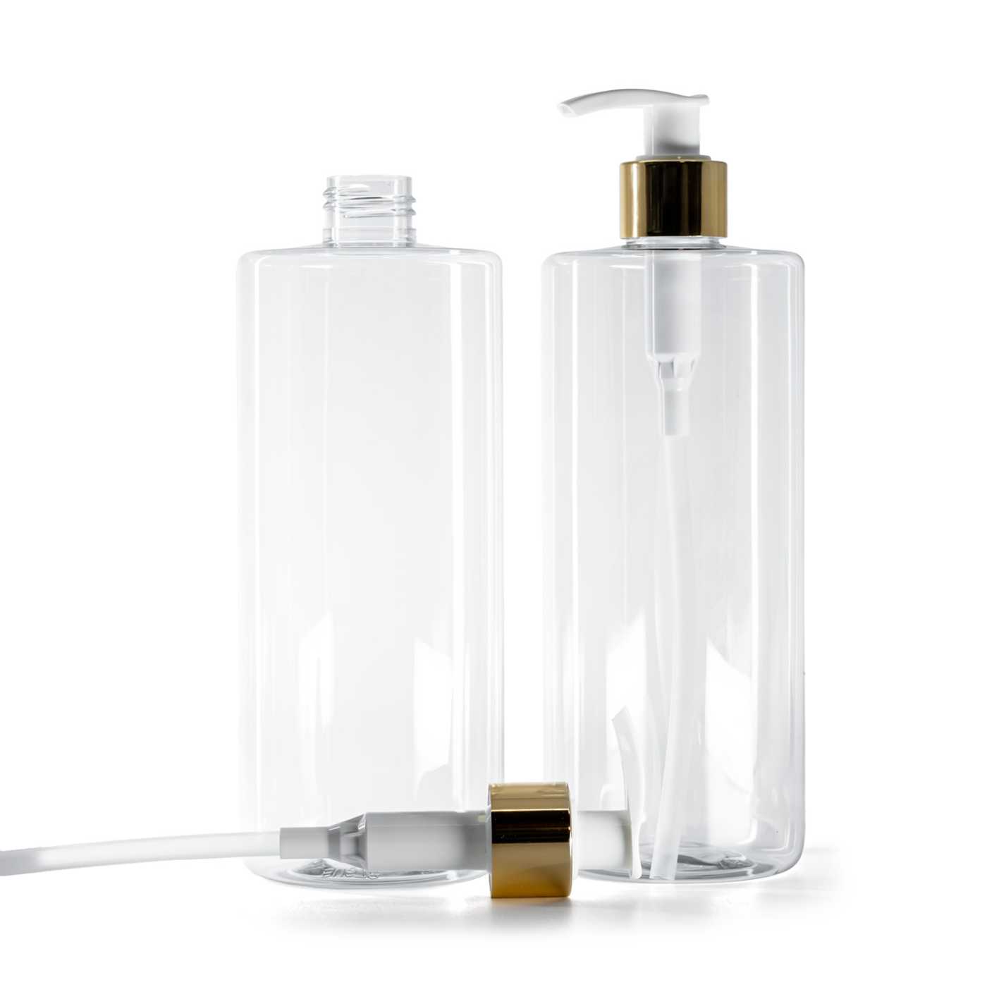 Bouteille en plastique transparente, pompe lotion blanche, bague lisse dorée, 500 ml