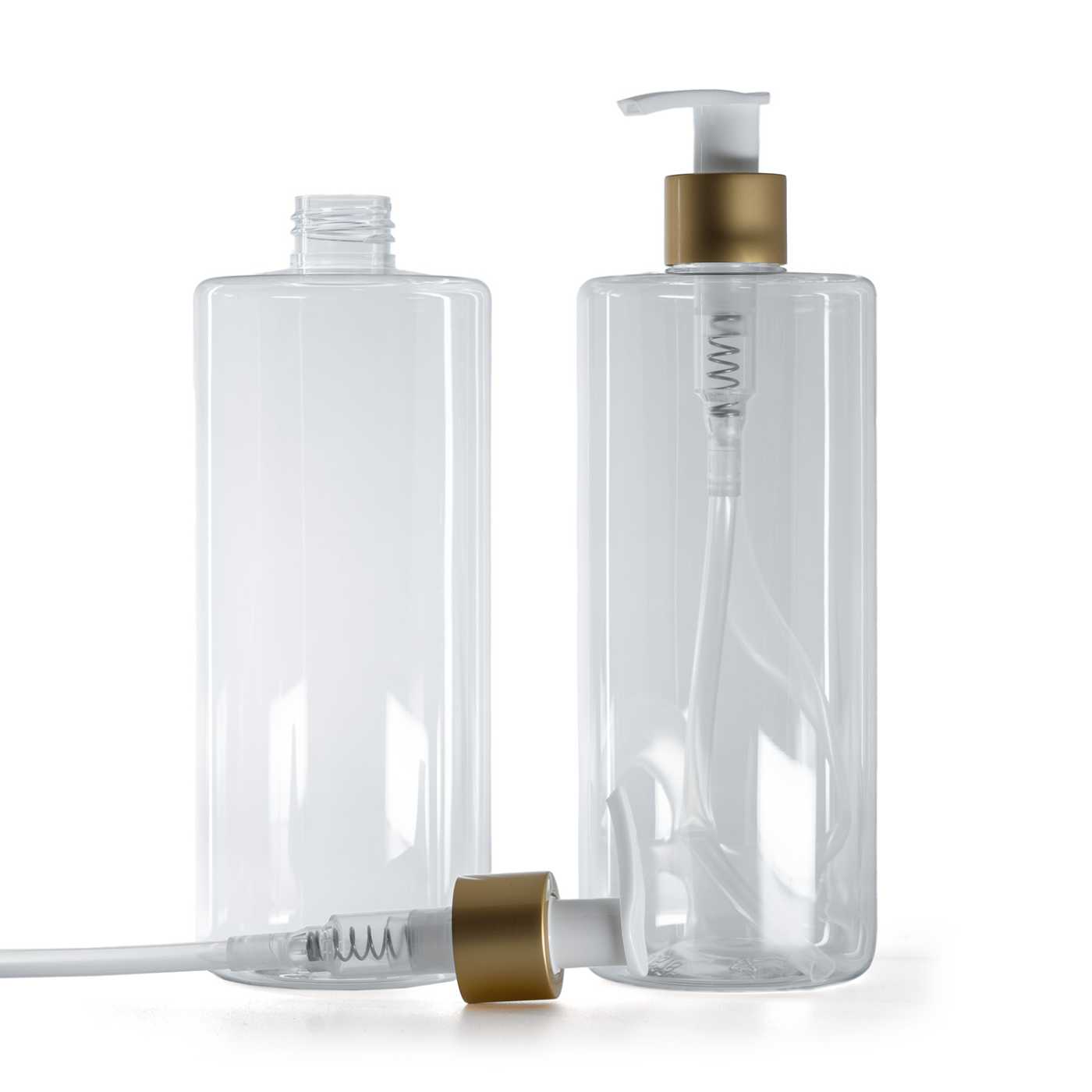 Flacon en plastique transparent, distributeur blanc avec bague dorée mate, 500 ml