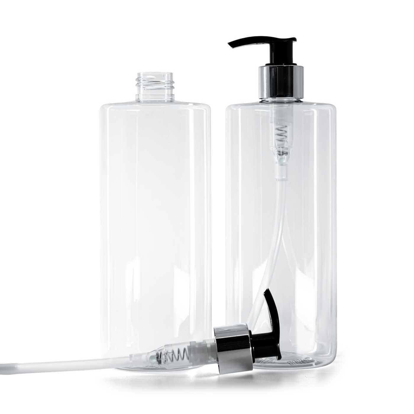 Bouteille en plastique transparente, distributeur noir et argenté, 500 ml