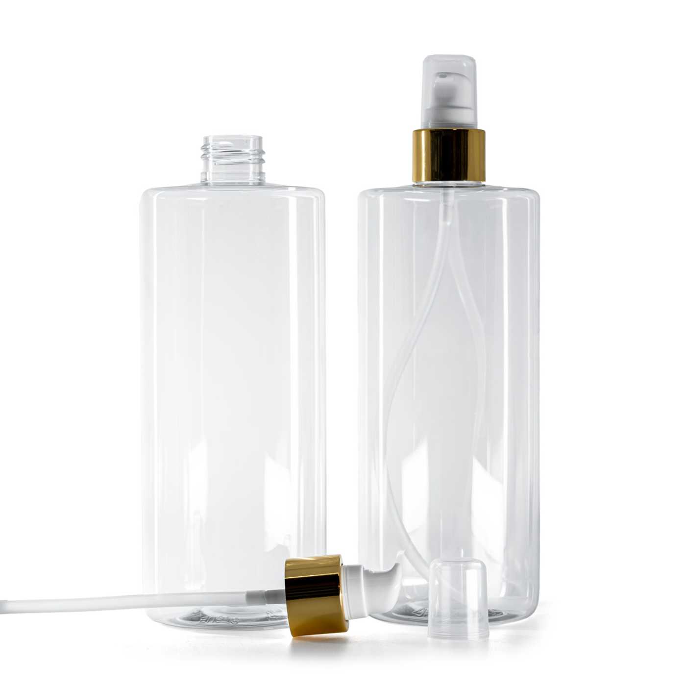 Flacon en plastique transparent, pompe lotion blanche avec surcapuchon, doré brillant, 500 ml