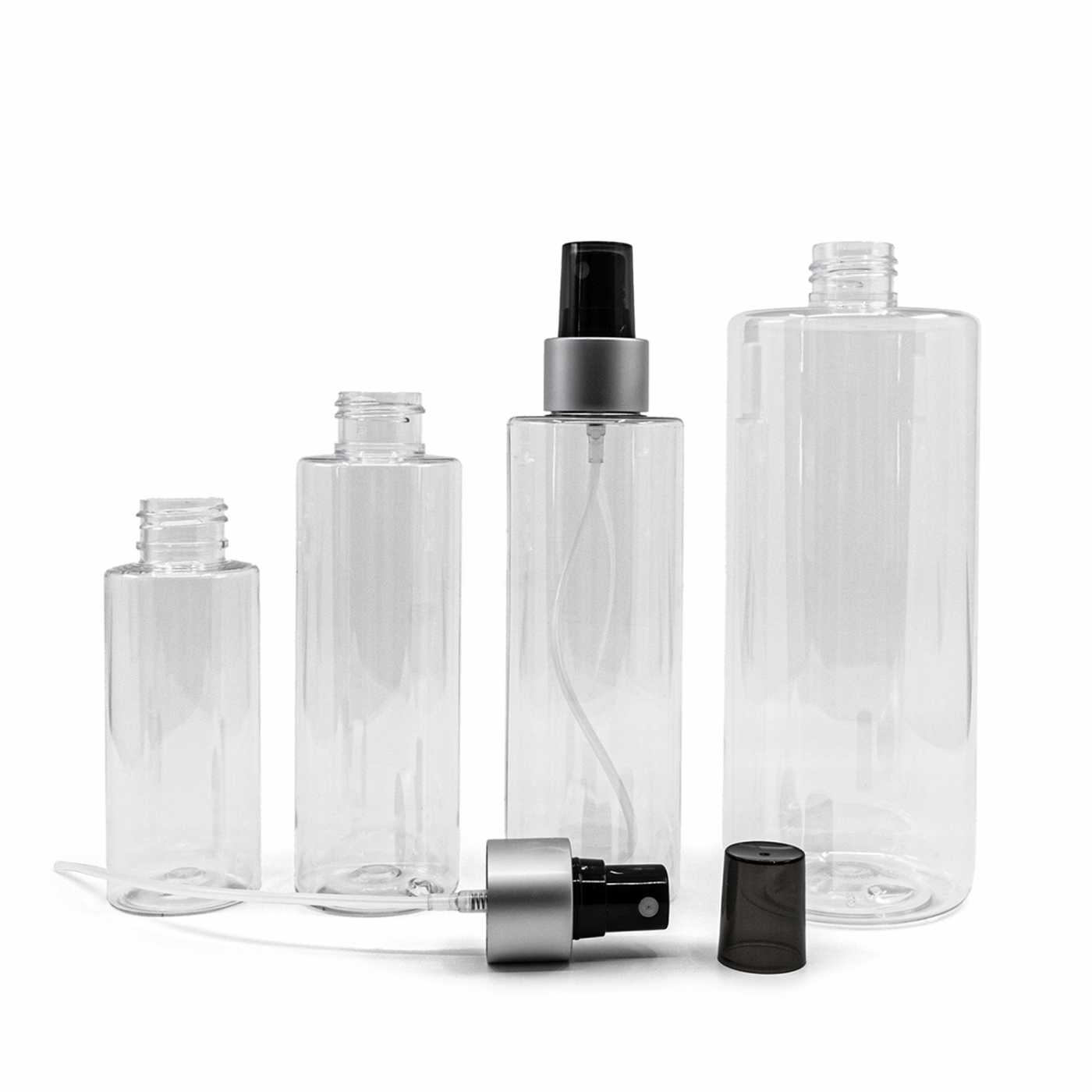 Műanyag palack, átlátszó, fekete finompermetező, matt ezüst gyűrű, 500 ml