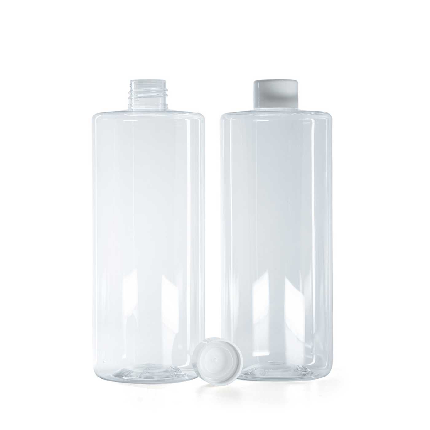Bouteille en plastique transparente, bouchon blanc lisse avec réducteur, 500 ml