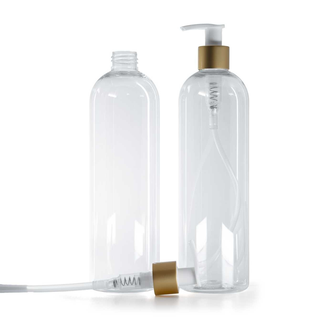 Bouteille en plastique transparente, distributeur blanc avec bague or mat, 500 ml