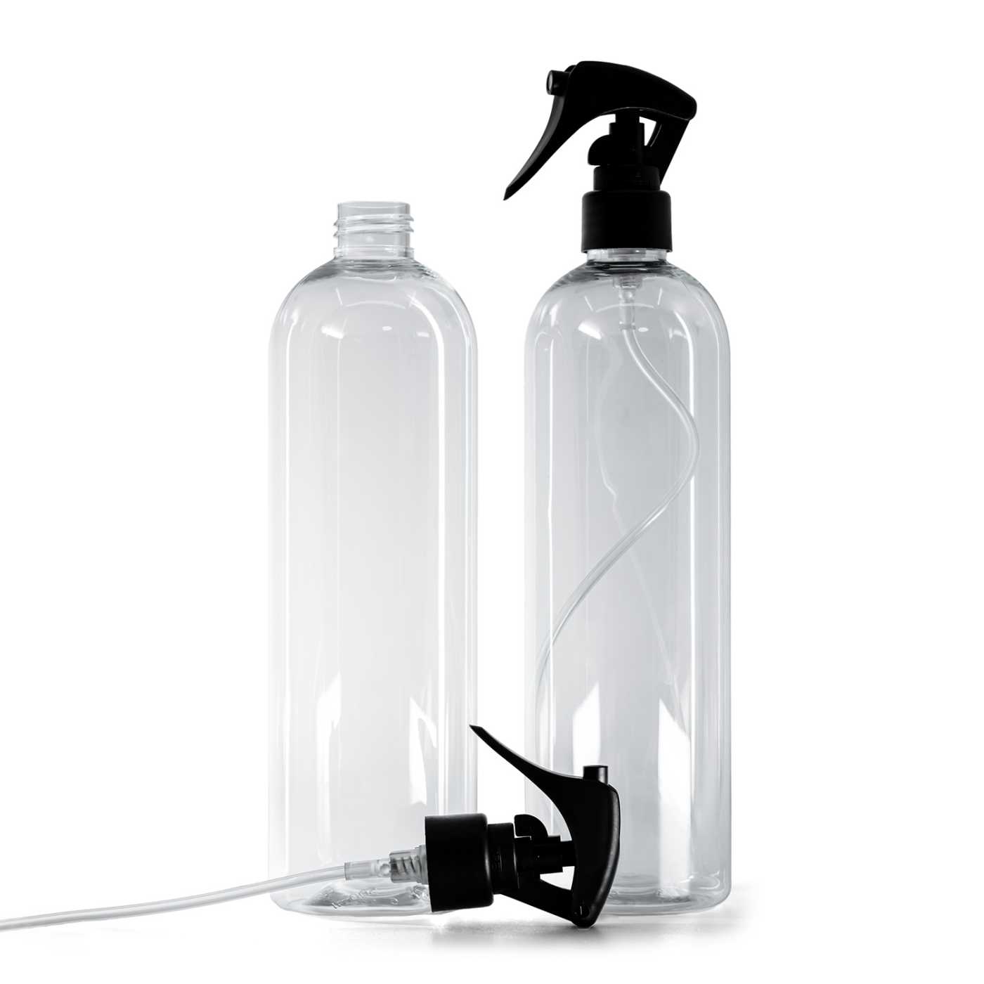 Műanyag palack, kerek, átlátszó, matt fekete karos szórófej, sima gyűrű, 500 ml