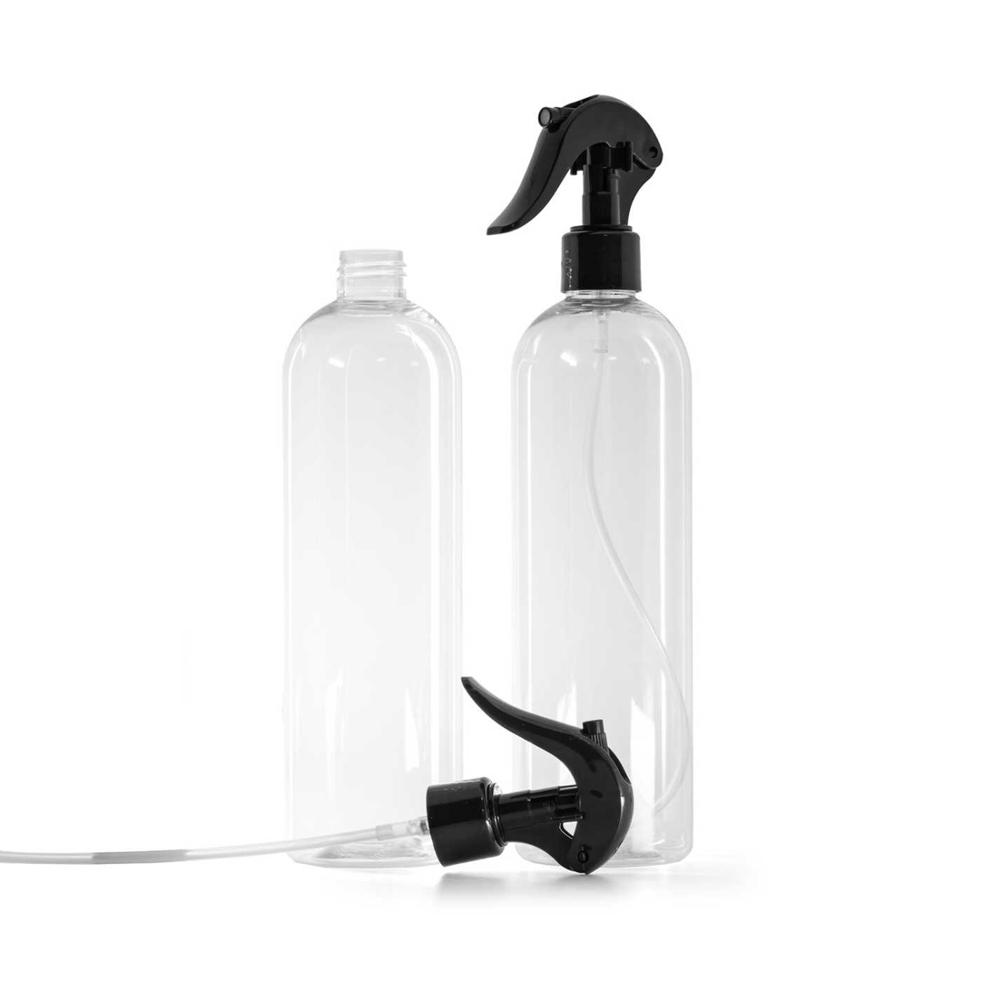 Butelka plastikowa, przezroczysta zaokrąglona, czarny spryskiwacz, 500 ml