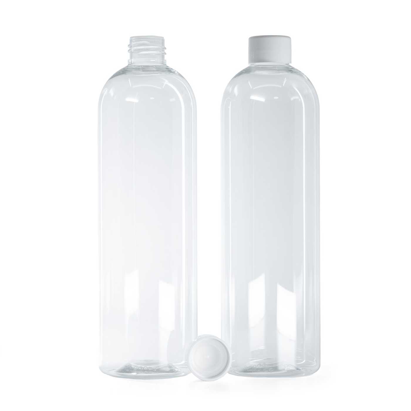 Kerek, átlátszó műanyag palack, sima fehér kupak betéttel, 500 ml