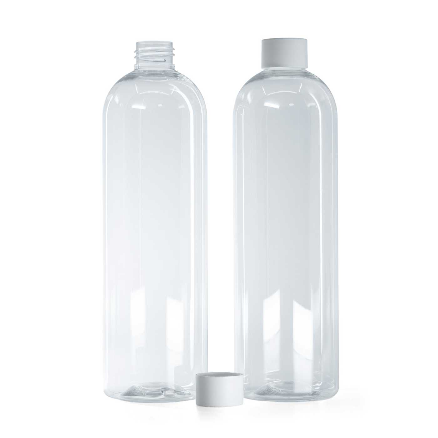 Kerek, átlátszó műanyag palack, matt fehér kupak, 500 ml
