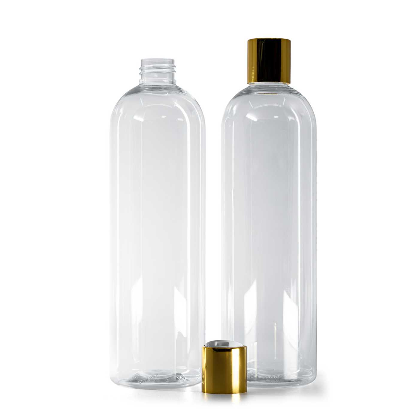 Bouteille en plastique transparente, bouchon disc-top blanc, collerette dorée, 500 ml