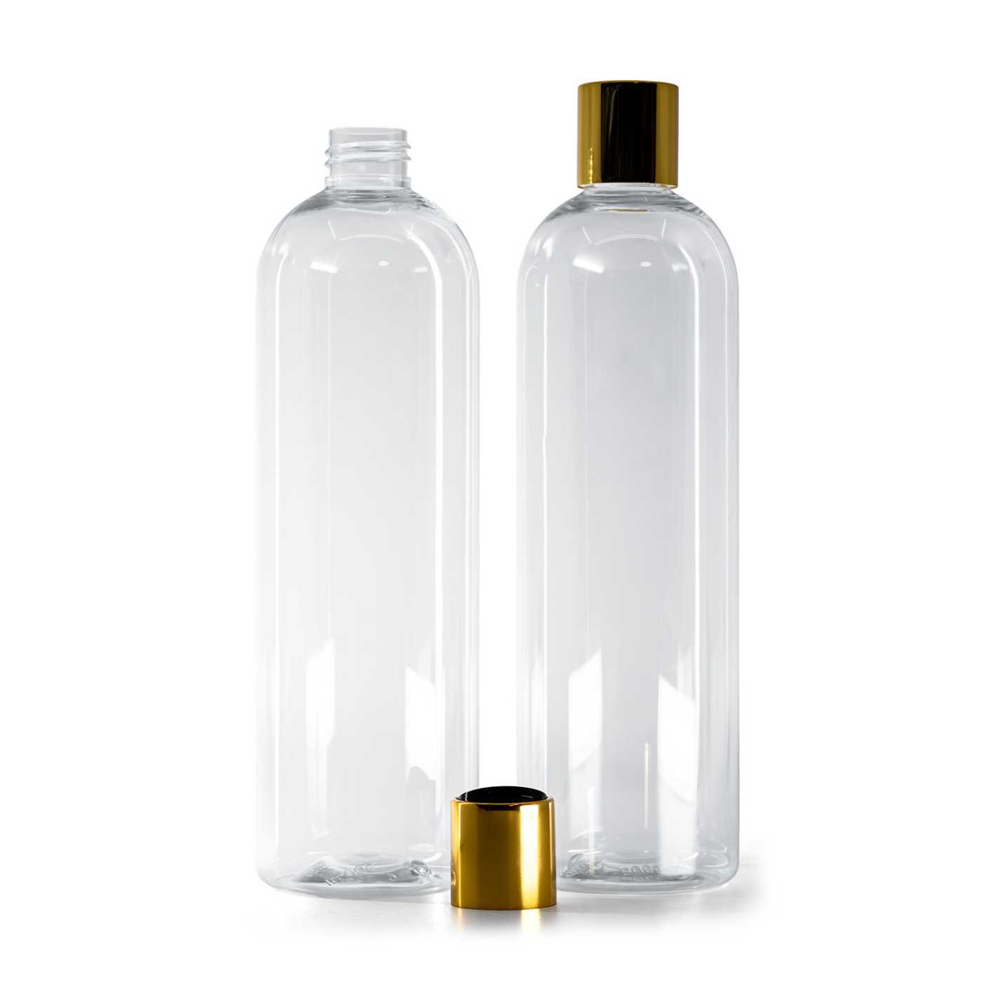 Flacon en plastique transparent, rond, bouchon disc-top, doré avec centre noir, 500 ml