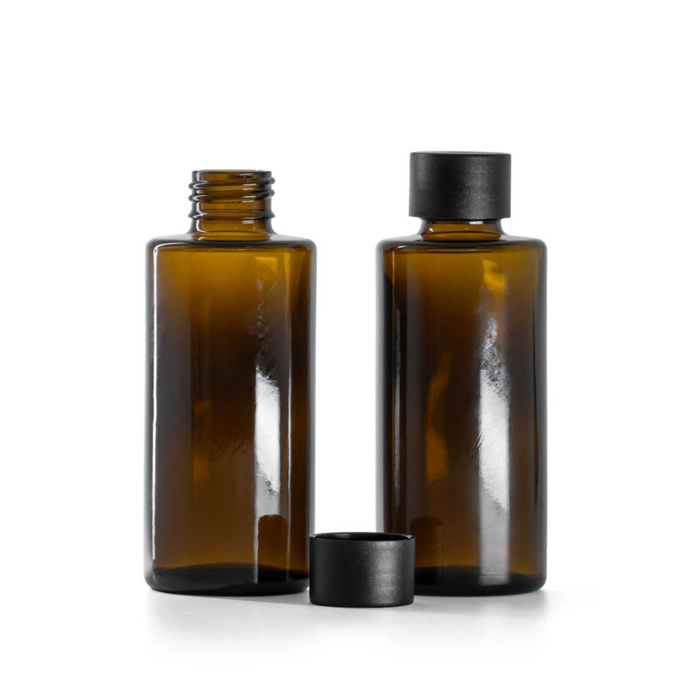 Flacon en verre ambré à col droit 24 mm avec bouchon en plastique noir mat 100 ml