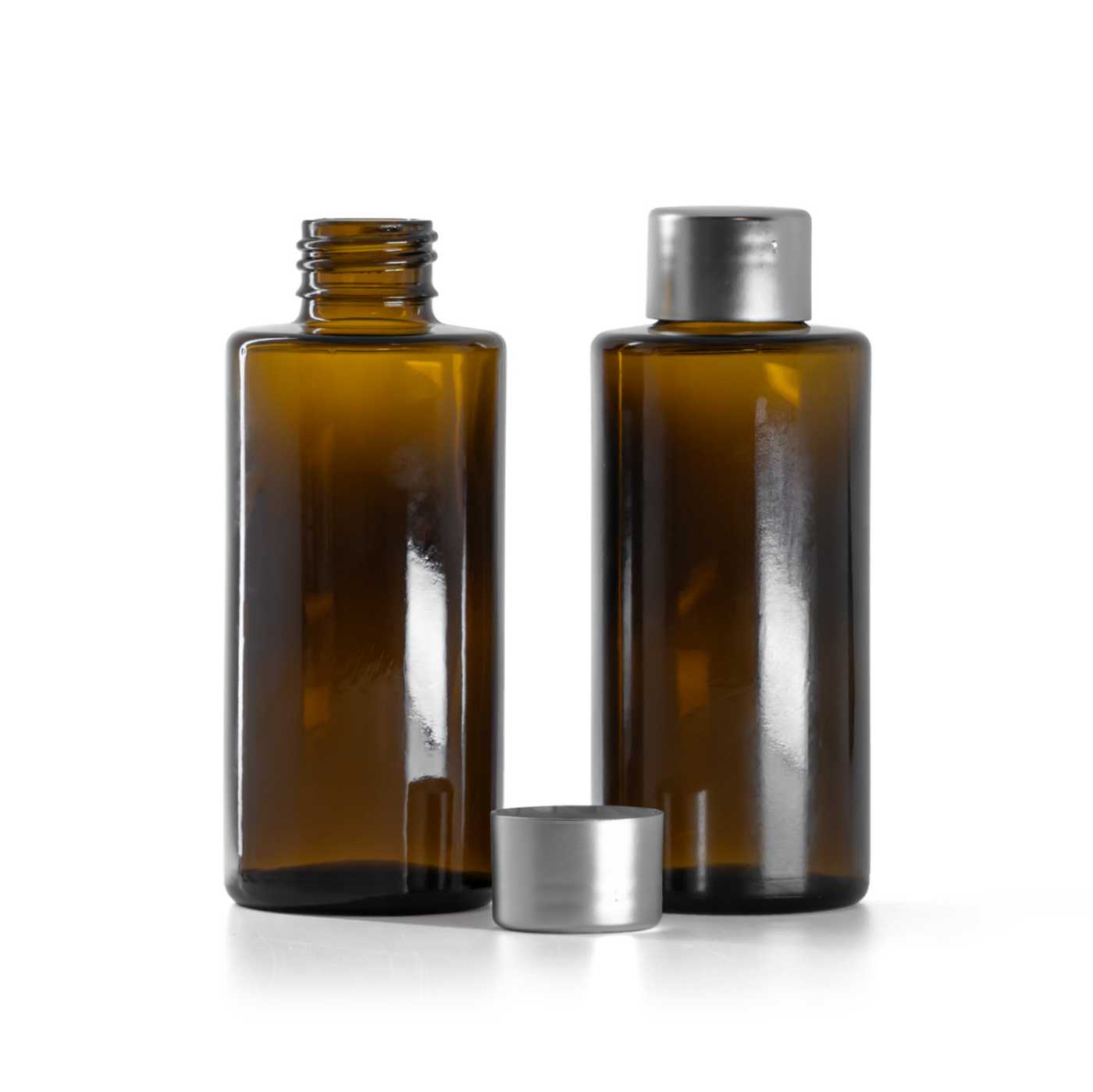 Butelka szklana, prosty wierzch, 24 mm, srebrna nakrętka, 100 ml
