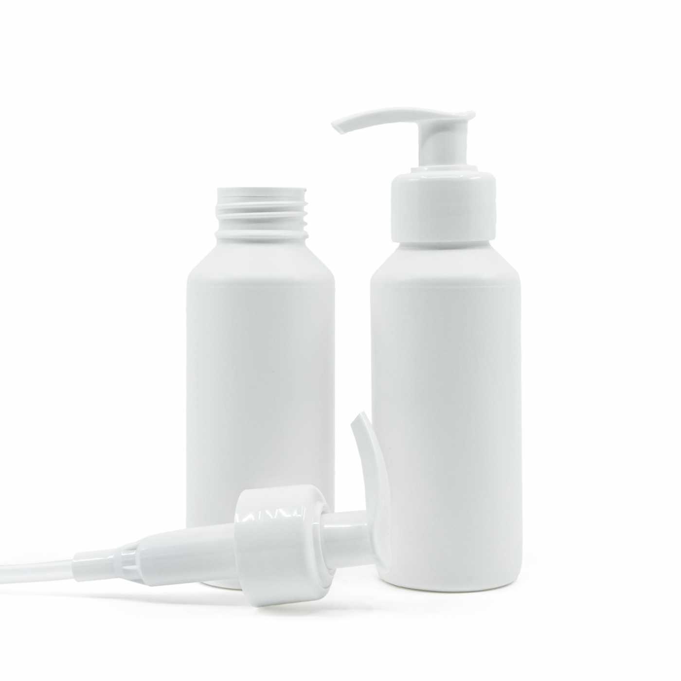 Butelka plastikowa biała, HDPE, biały dozownik, 100 ml