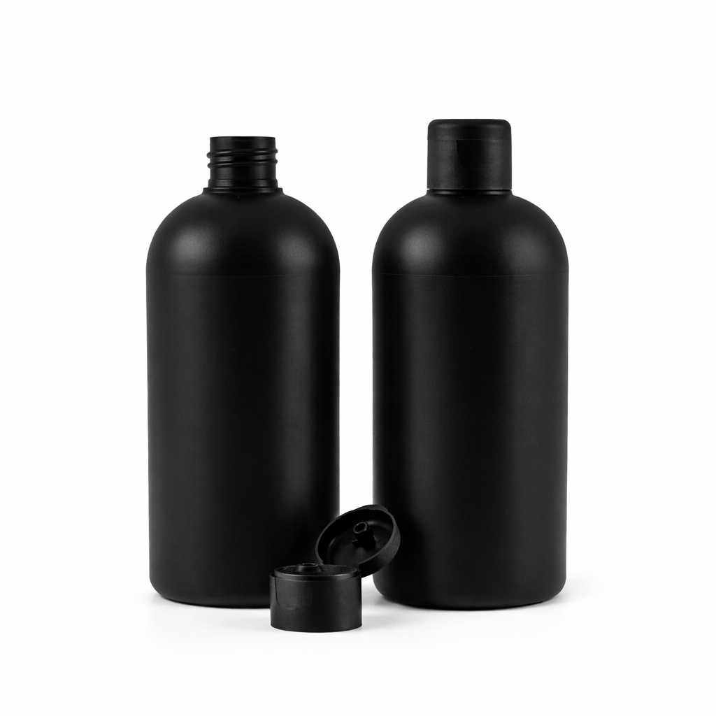Bouteille en plastique HDPE noire, bouchon flip-top noir mat, 500 ml