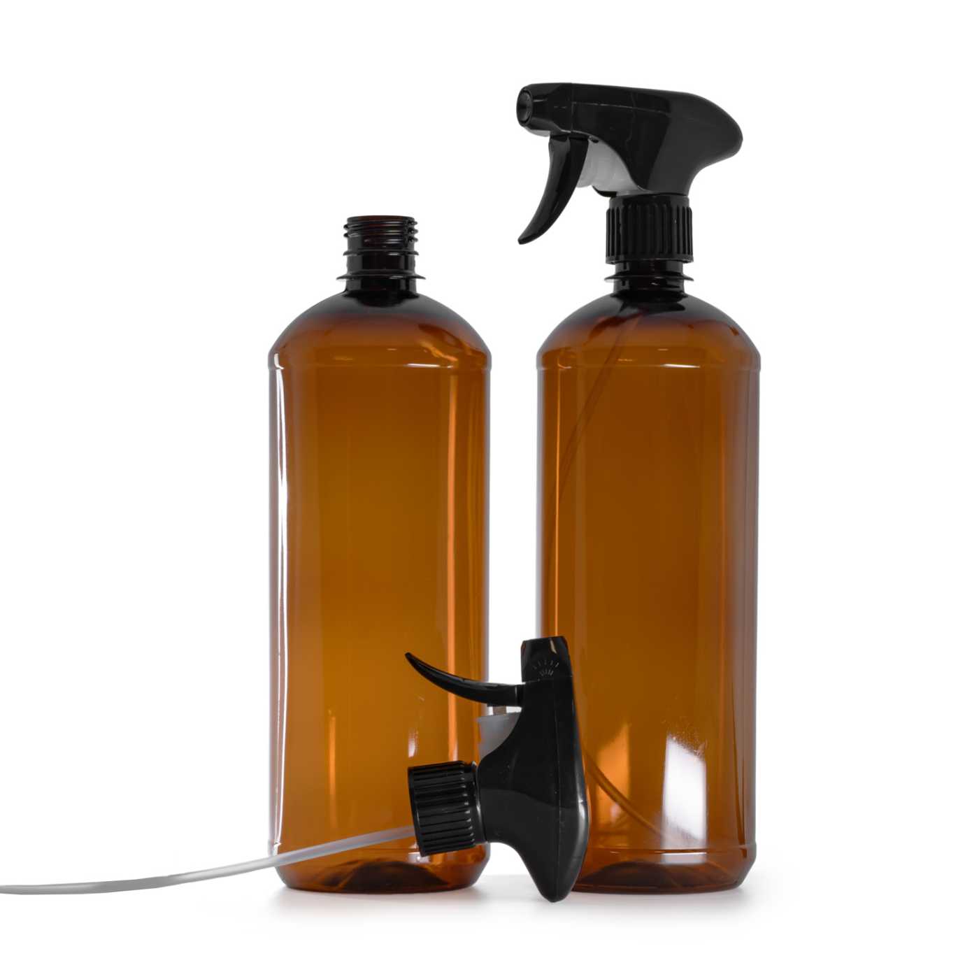 Braune Kunststoffflasche, schwarzer Triggersprüher, 28 mm, 1000 ml