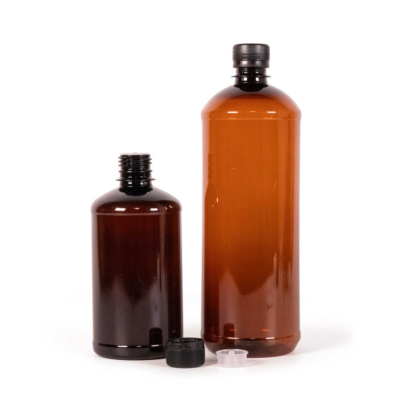 Bouteille en plastique brun, bouchon inviolable noir avec pipette, 1000 ml