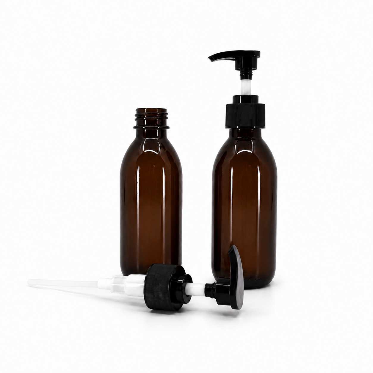 Butelka plastikowa brązowa, czarna pompka plastikowa, 150 ml