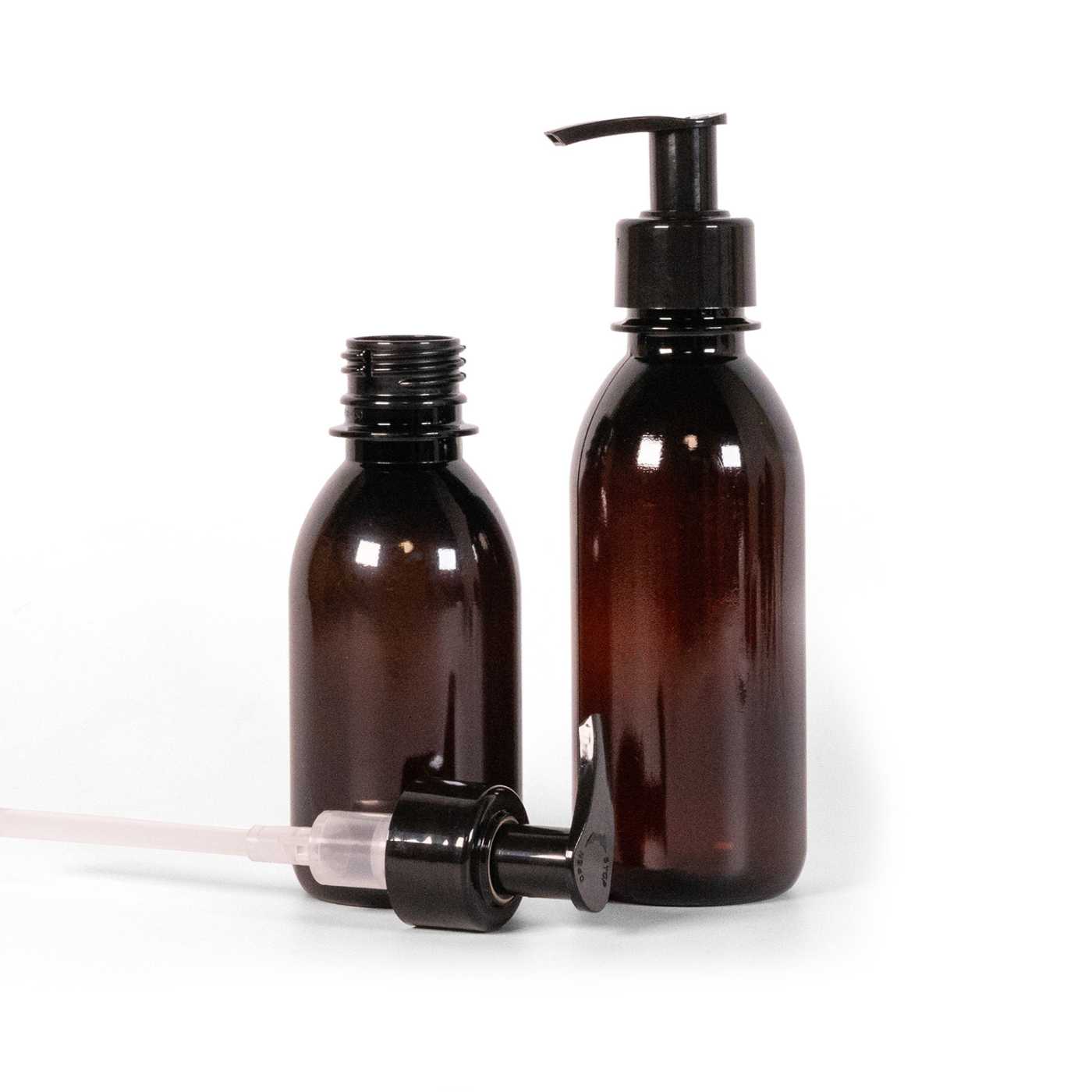 Bouteille en plastique brune, pompe noire, 200 ml