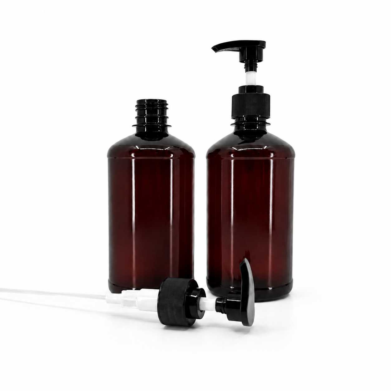 Butelka plastikowa brązowa, czarna pompka plastikowa, 500 ml