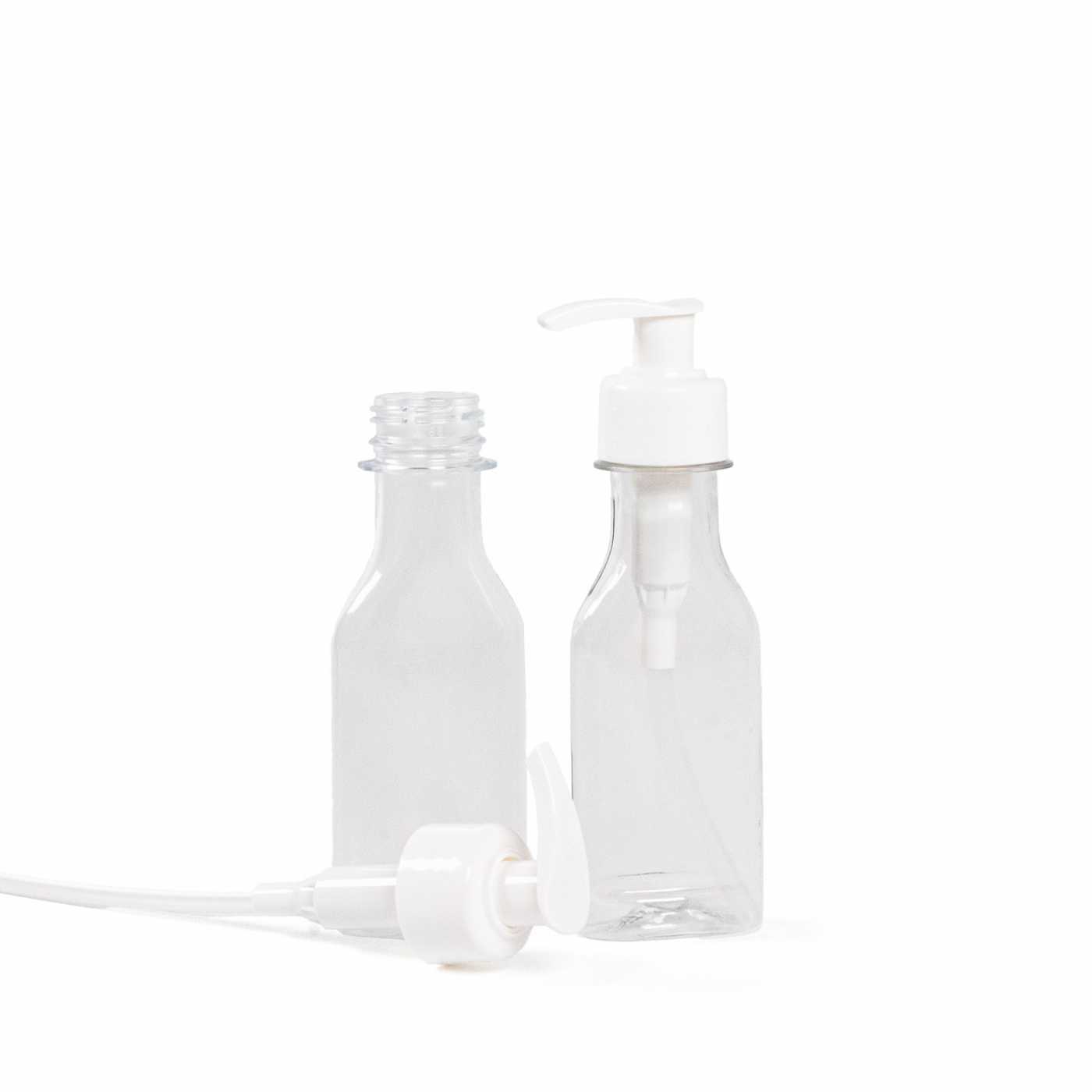 Butelka plastikowa, płaska, przezroczysta, biały gładki dozownik, 50 ml