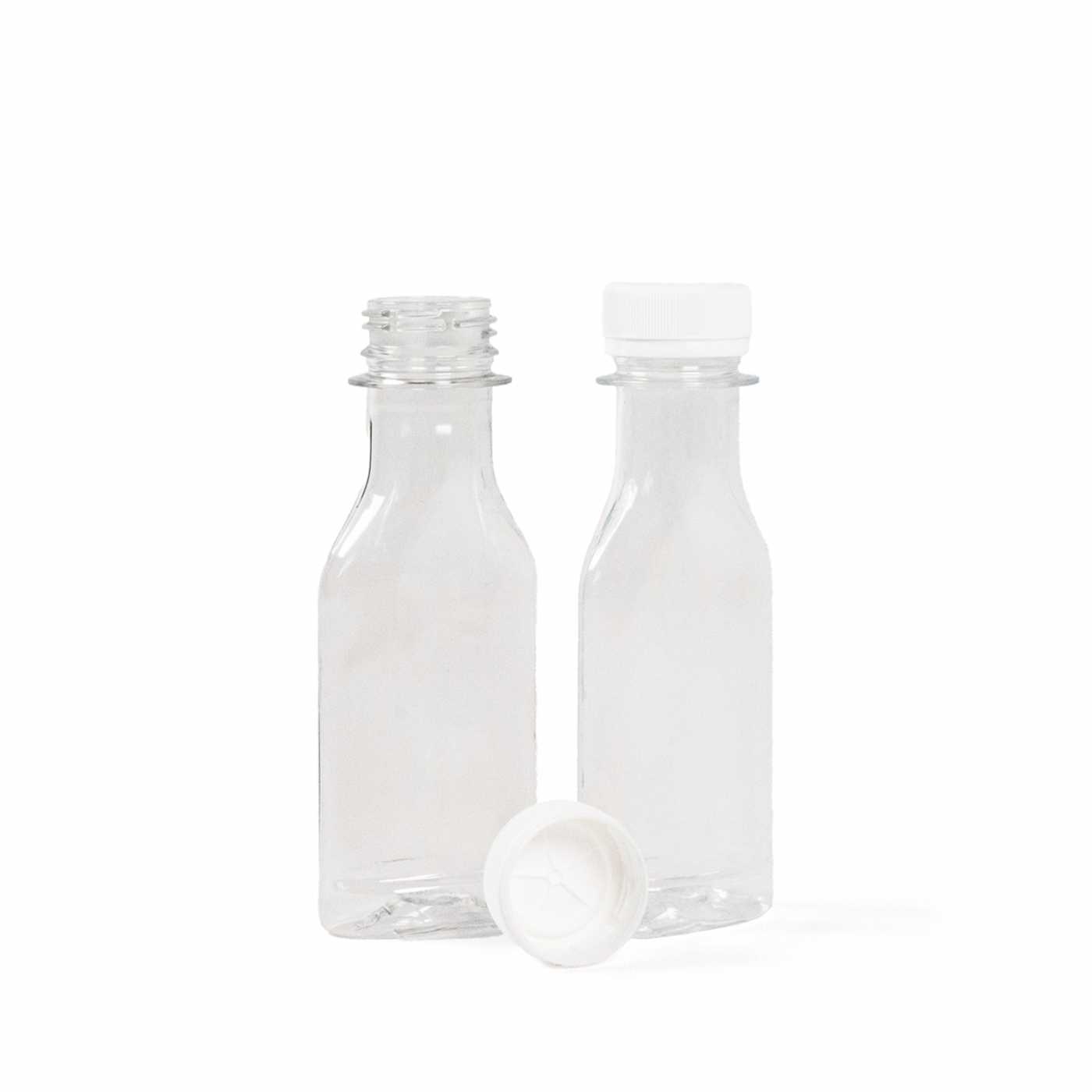 Butelka plastikowa, płaska, przezroczysta, biała nakrętka, 50 ml