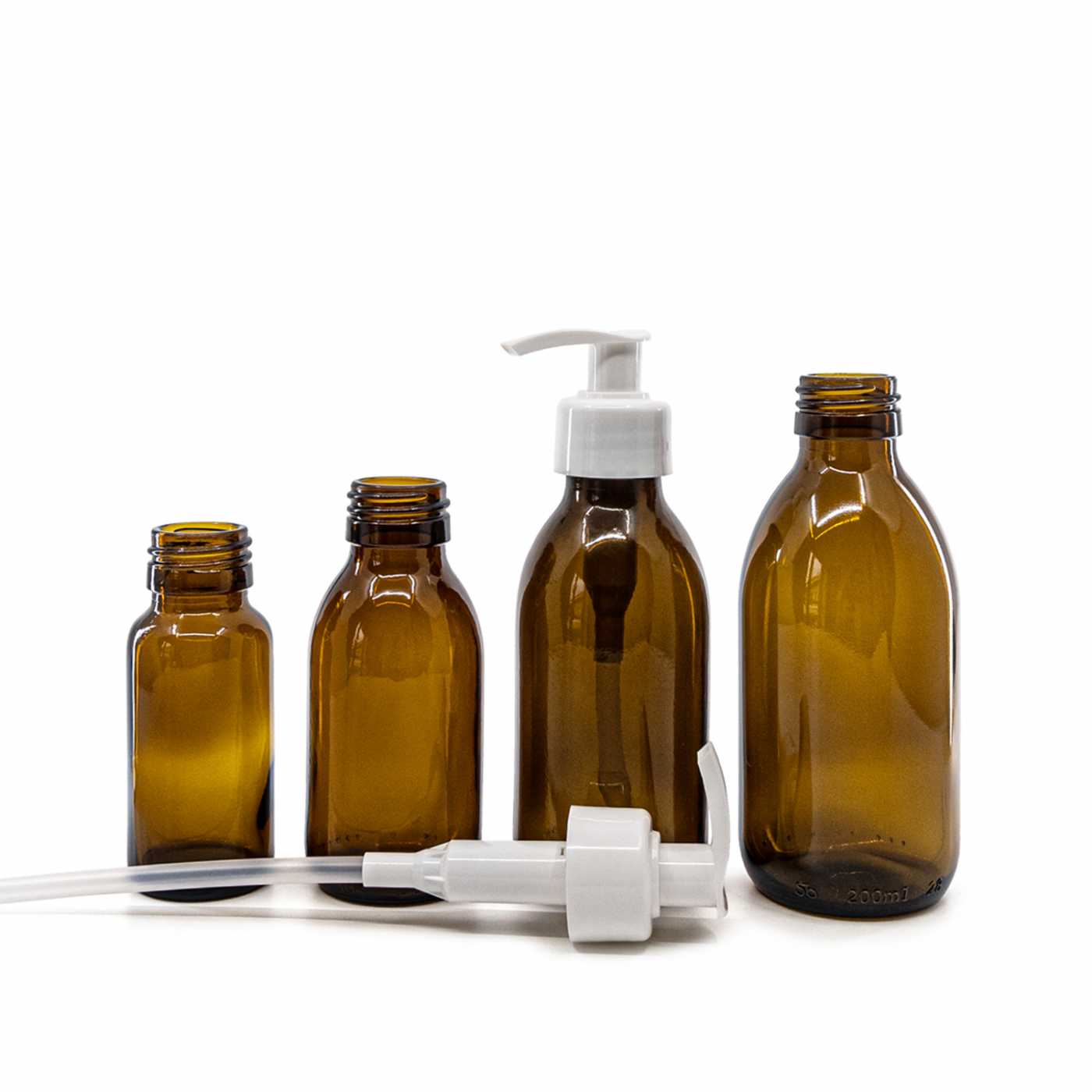 Szklana butelka apteczna brązowa, syropowa, 28 mm, biały dozownik, 50 ml