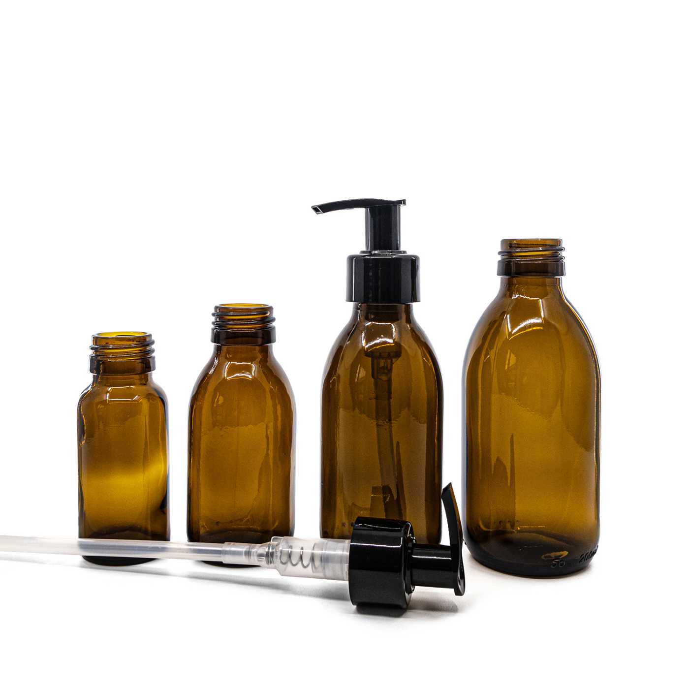 Butelka szklana apteczna, brązowa, 28 mm, czarny gładki dozownik, 50 ml