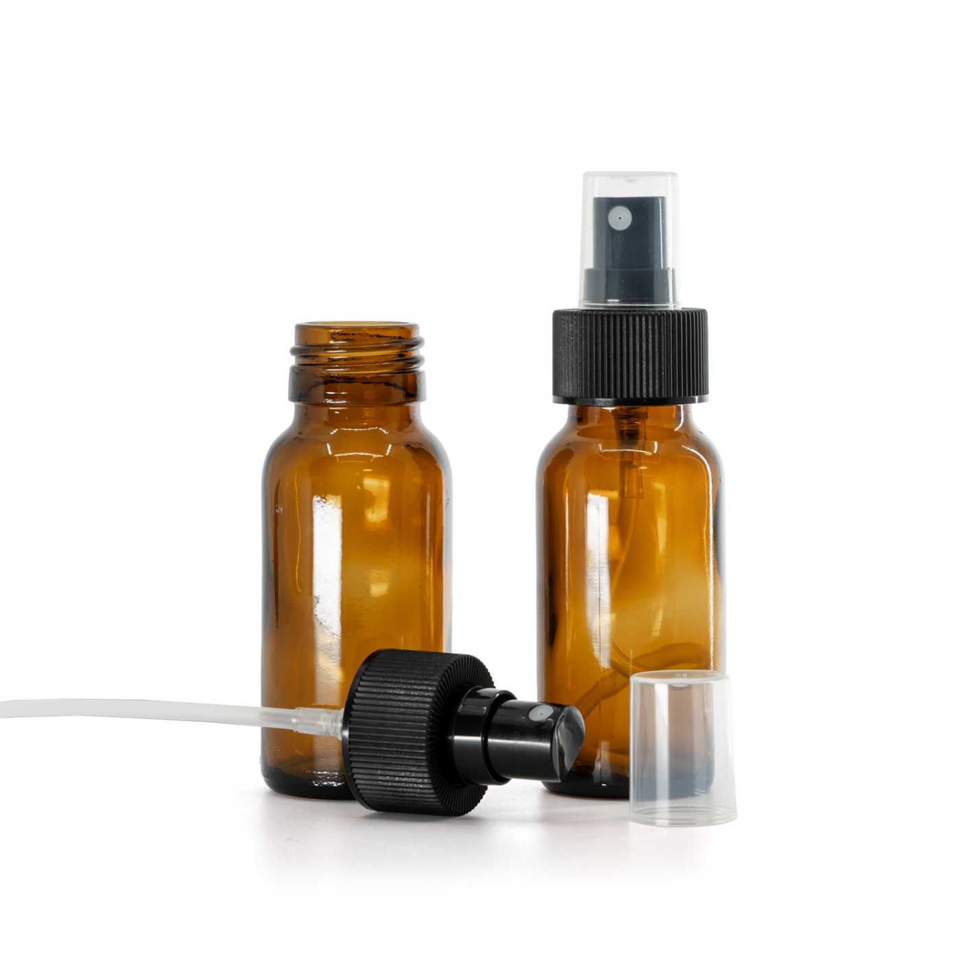 Szklana butelka apteczna brązowa, syropowa, 28 mm, plastikowy atomizer, 28/410, czarny, karbowana obręcz, 50 ml