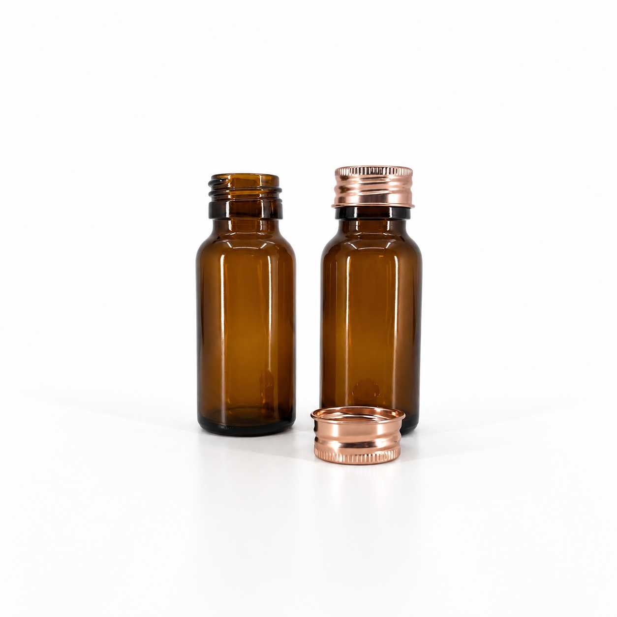 Szklana butelka apteczna brązowa, syropowa, 28 mm, różowo-złota aluminiowa nakrętka, 50 ml