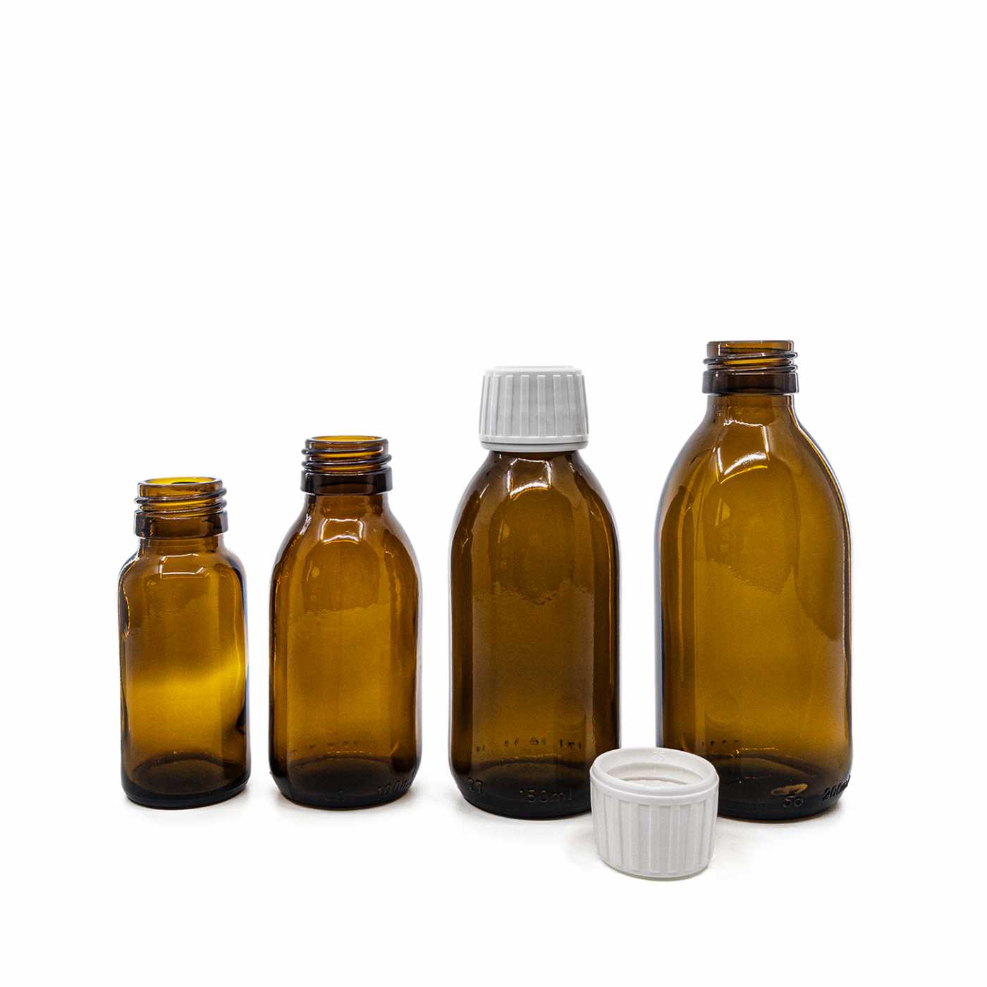 Szklana butelka apteczna brązowa, syropowa, 28 mm, biała nakrętka, 50 ml