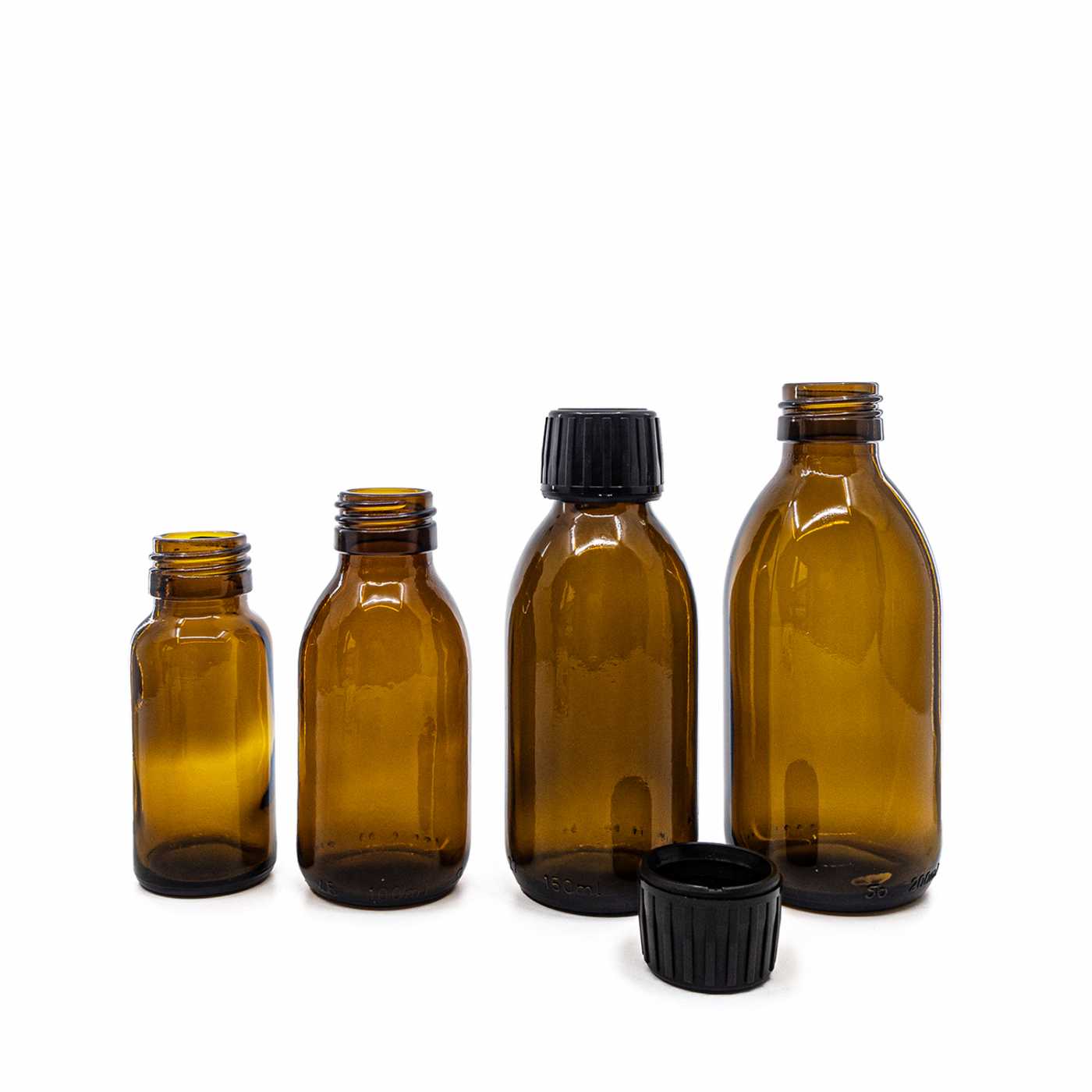 Butelka szklana apteczna, brązowa, 28 mm, czarna nakrętka, 50 ml