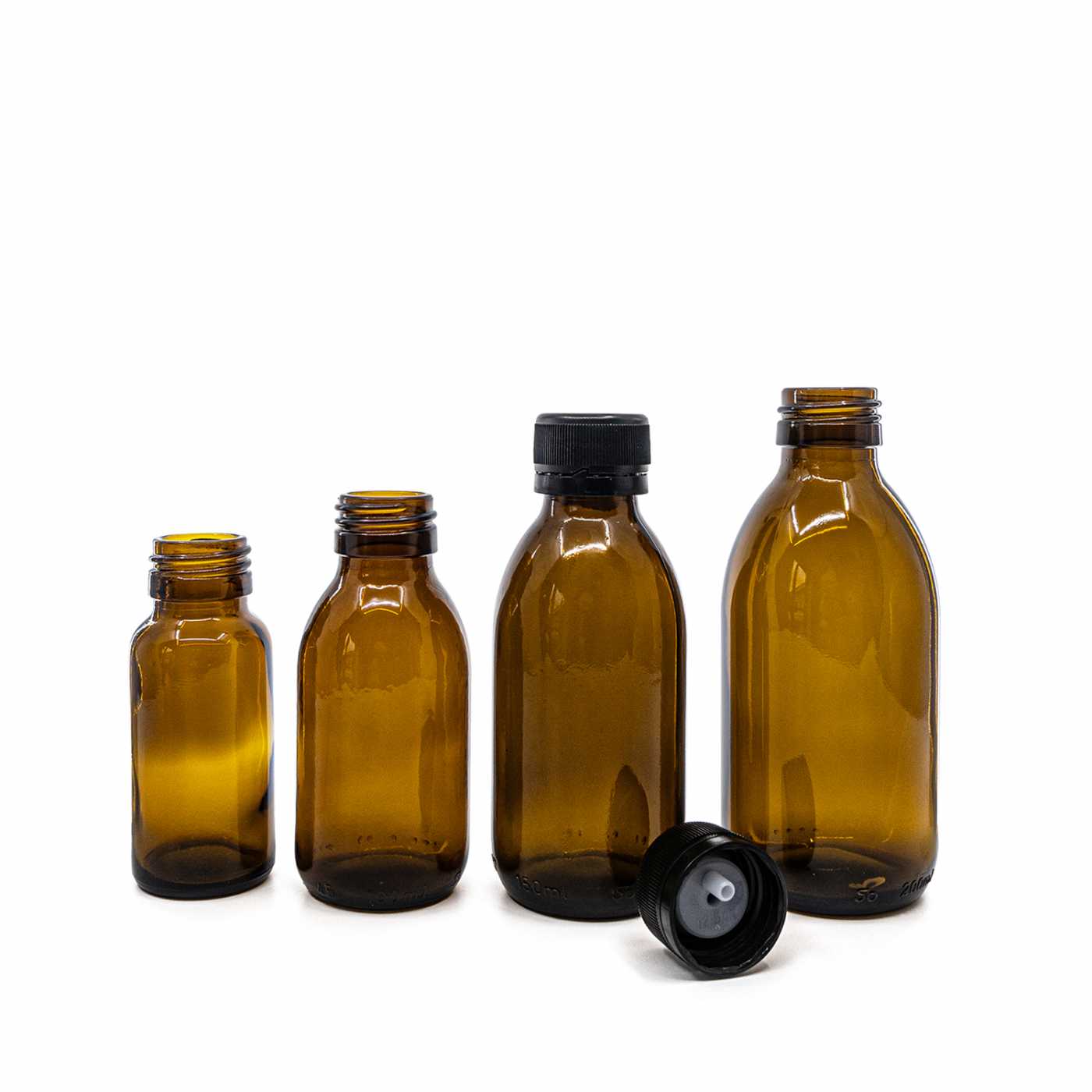 Butelka szklana apteczna, brązowa, 28 mm, czarna plastikowa nakrętka z kroplomierzem, 50 ml