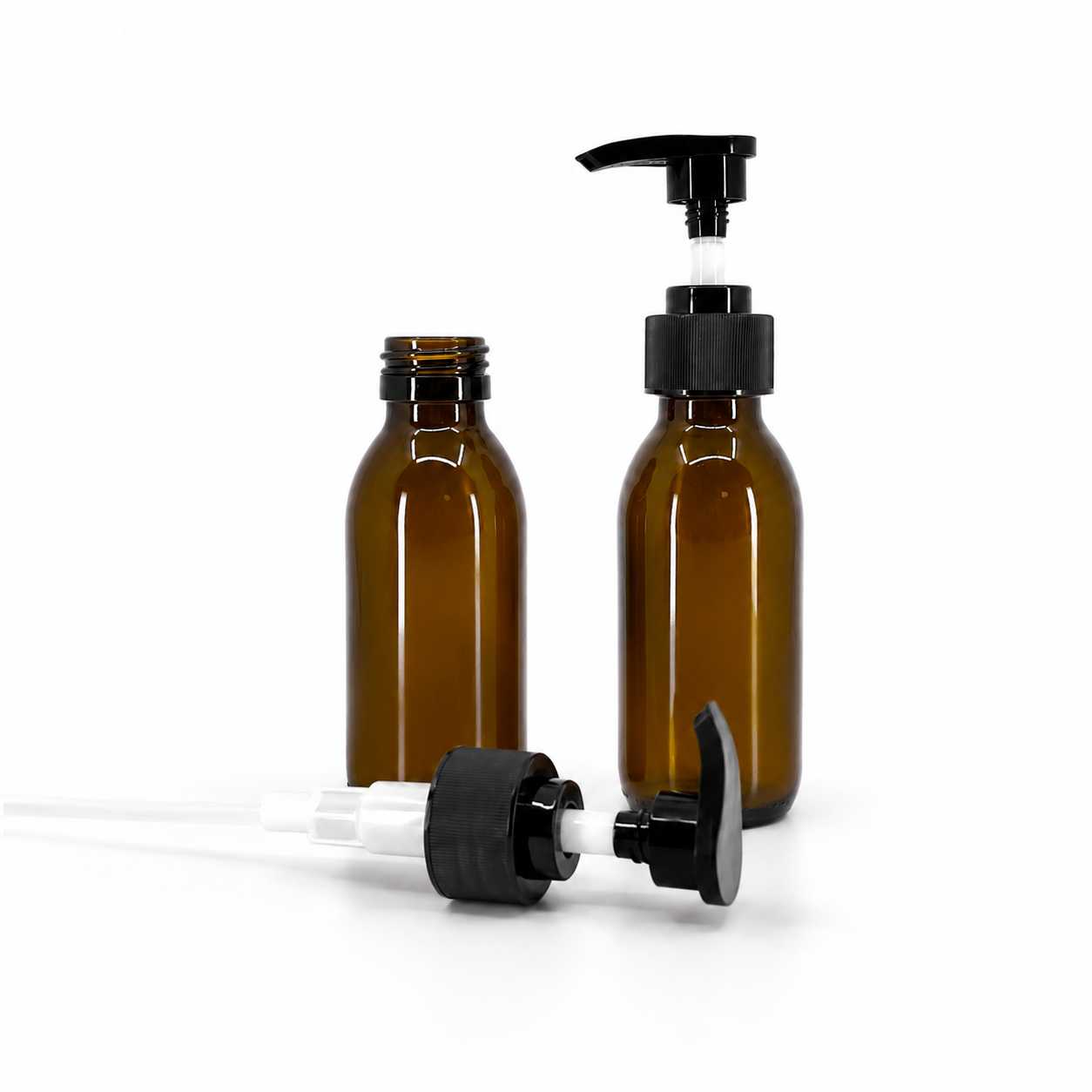 Butelka szklana apteczna, brązowa, 28 mm, czarny ryflowany dozownik, 100 ml