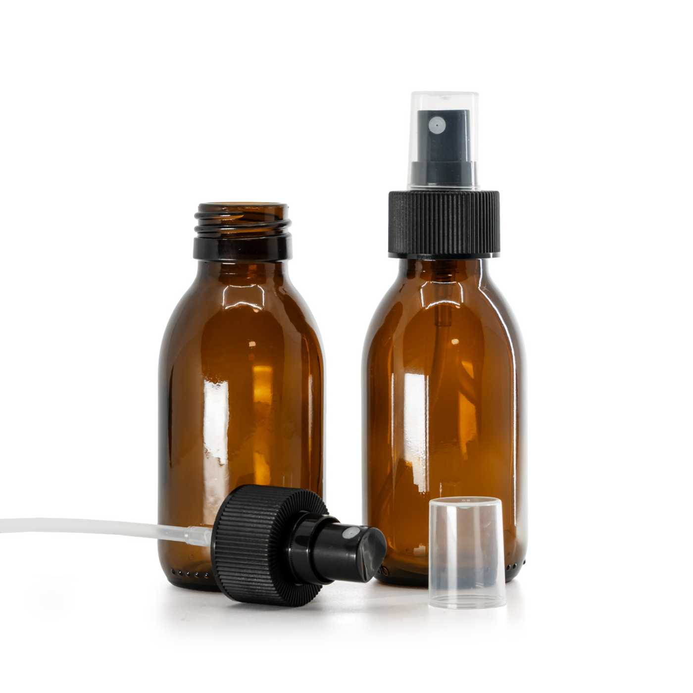 Flacon en verre, col 28 mm, vaporisateur en plastique, noir, bague rainurée, 28/410, 100 ml