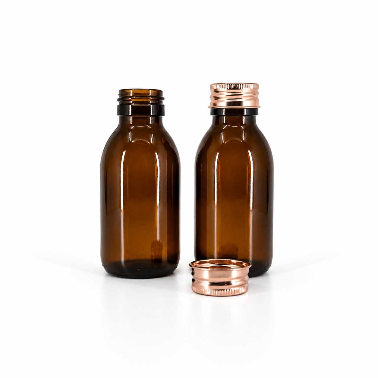 Szklana butelka apteczna brązowa, syropowa, 28 mm, różowo-złota aluminiowa nakrętka, 100 ml