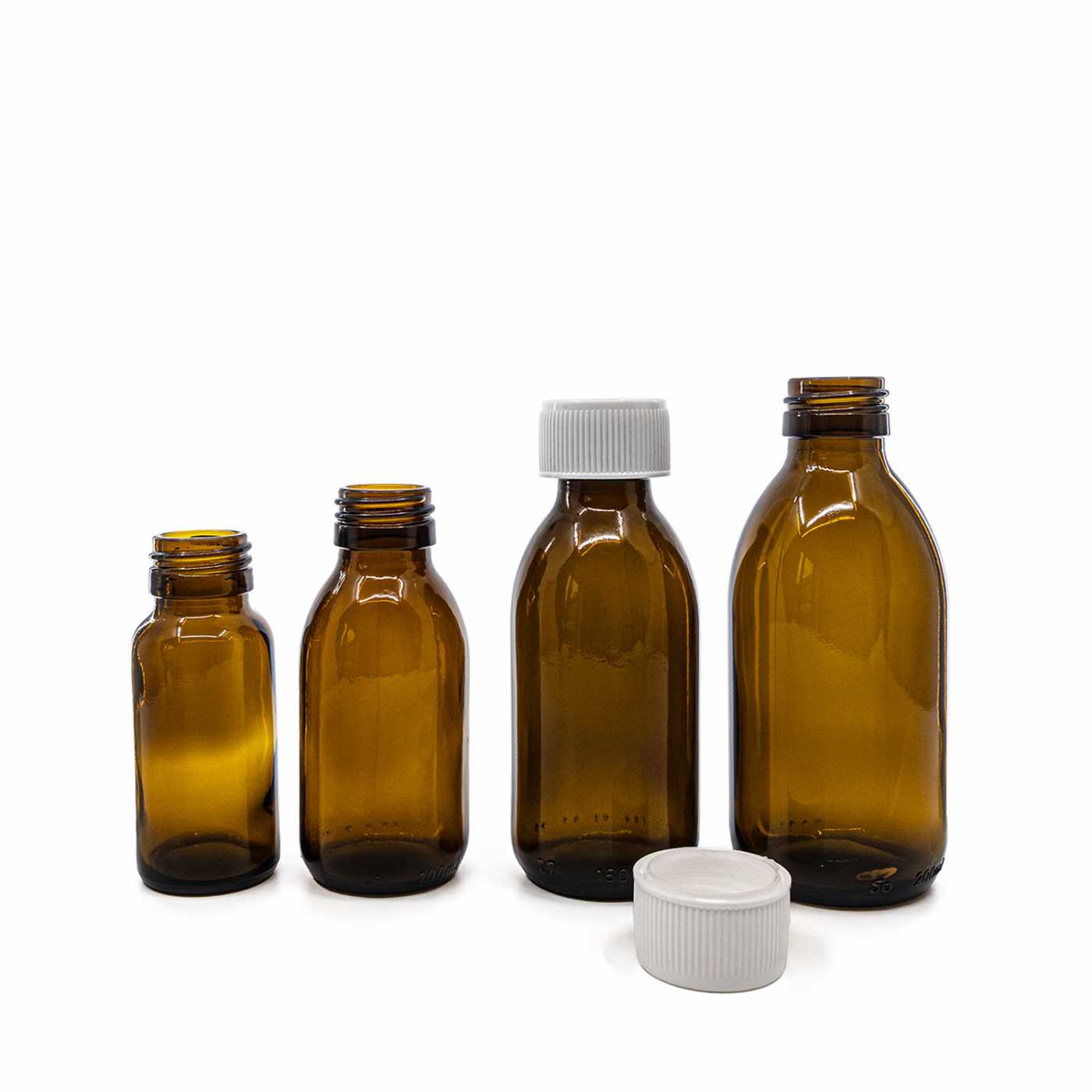 Szklana butelka apteczna brązowa, syropowa, 28 mm, biała nakrętka z zabezpieczeniem, 100 ml