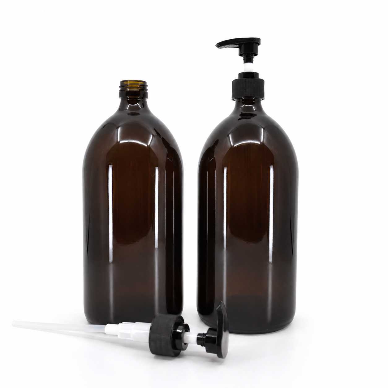 Bouteille en verre brun, distributeur noir rainuré, 1 l