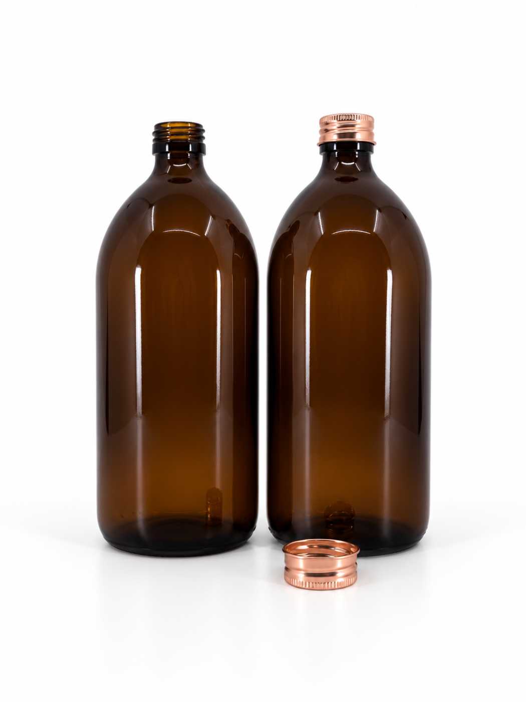 Bouteille en verre brune, 28 mm, bouchon or rose, 1 l