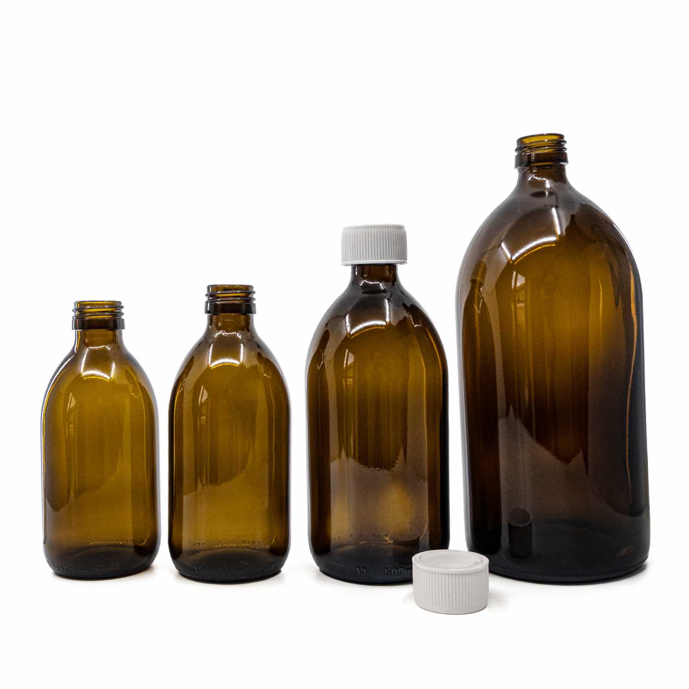 Bouteille en verre ambré, 1 l, bouchon de sécurité enfant blanc