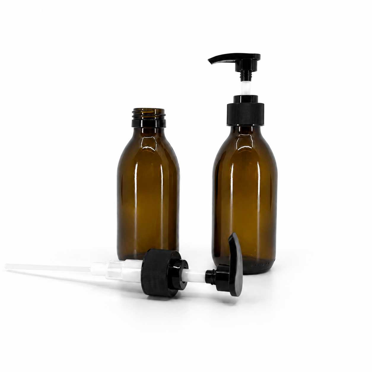 Szklana butelka apteczna brązowa, syropowa, 28 mm, czarny karbowany dozownik, 150 ml