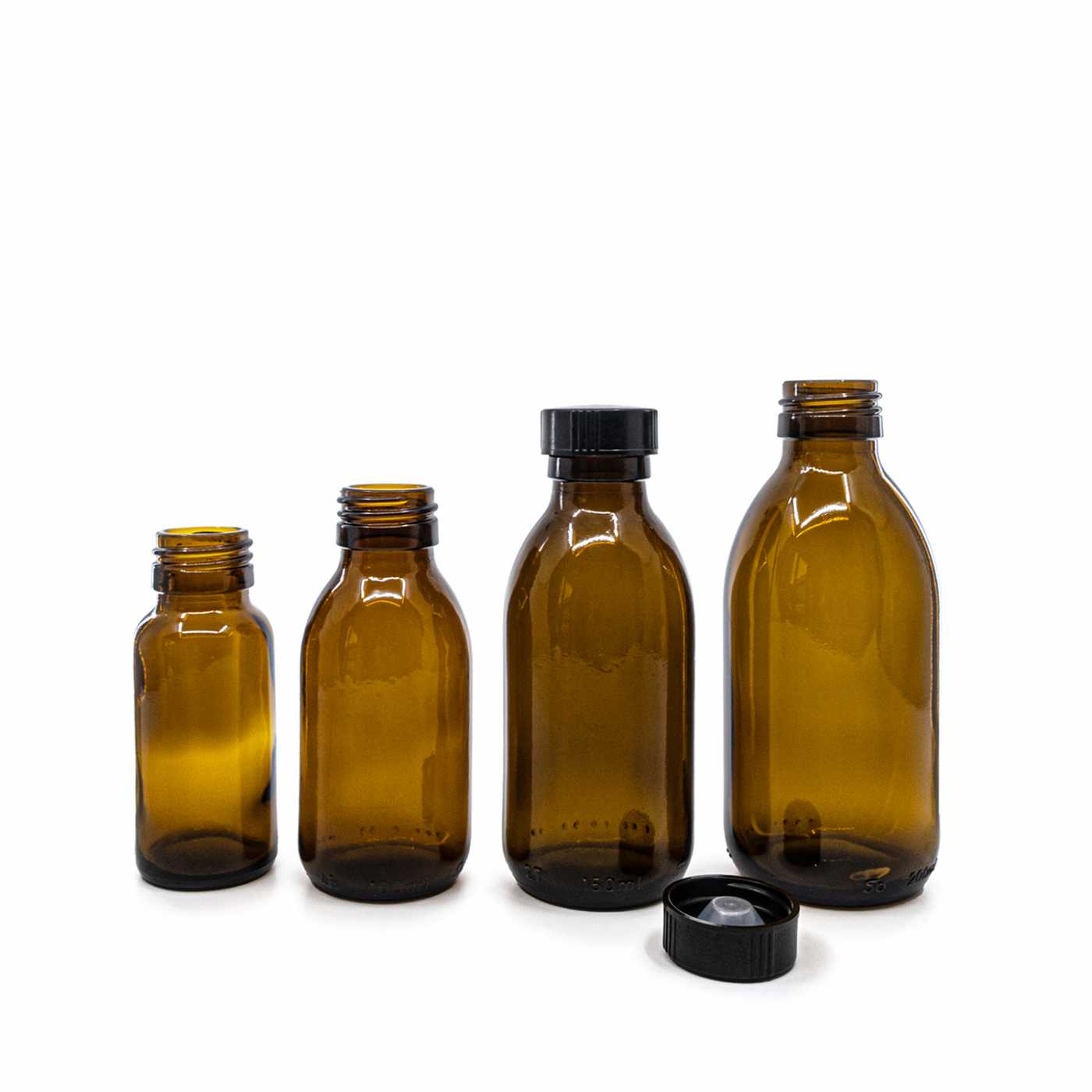 Bouteille en verre ambré, 28 mm, bouchon noir bas, 150 ml