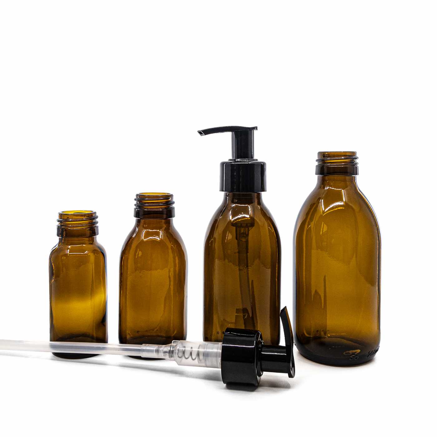 Butelka szklana apteczna, brązowa, 28 mm, czarny gładki dozownik, 200 ml