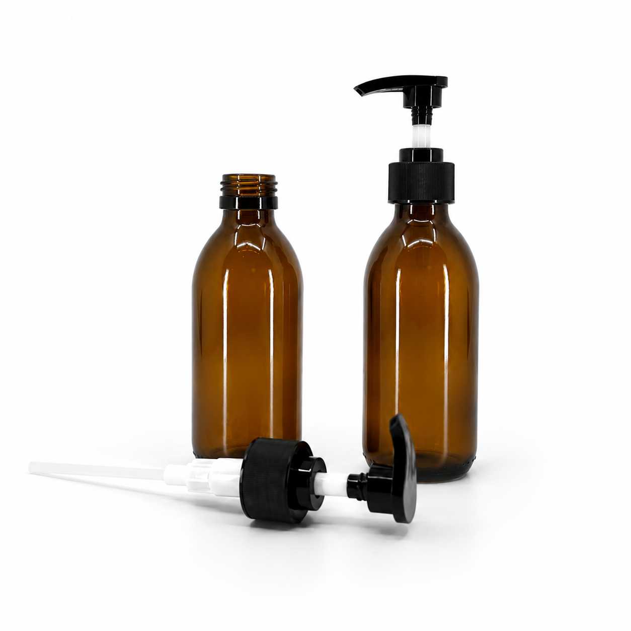 Szklana butelka apteczna brązowa, syropowa, 28 mm, czarny karbowany dozownik, 200 ml